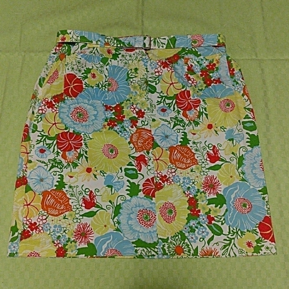 Talbots Bright Floral Skirt Rare Print Women's 10 Stretch Slide Belt Waist EUC